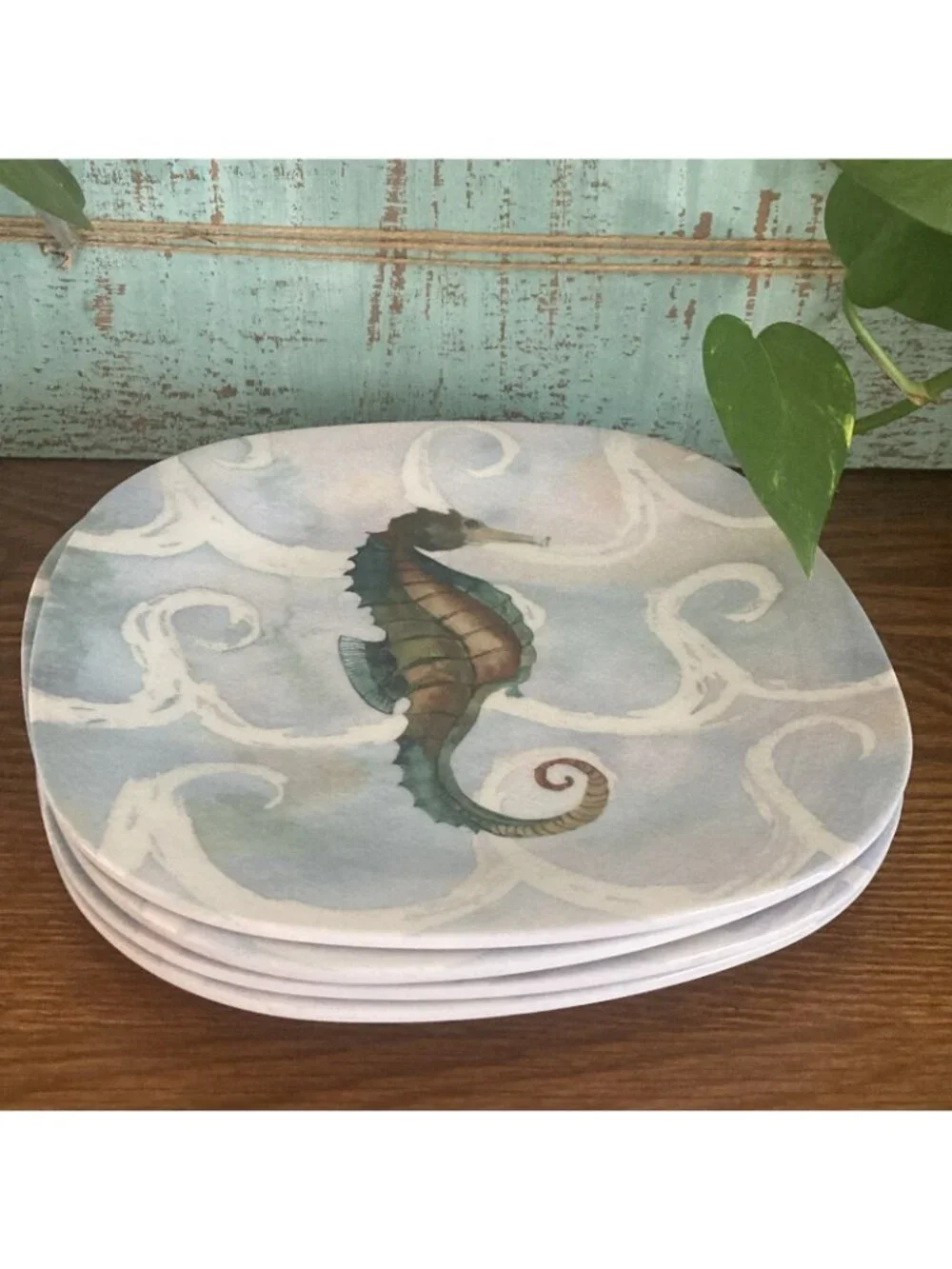 Sea Creatures On Waves by Elizabeth Medley Seahorse Beachy Melamine Salad Plates